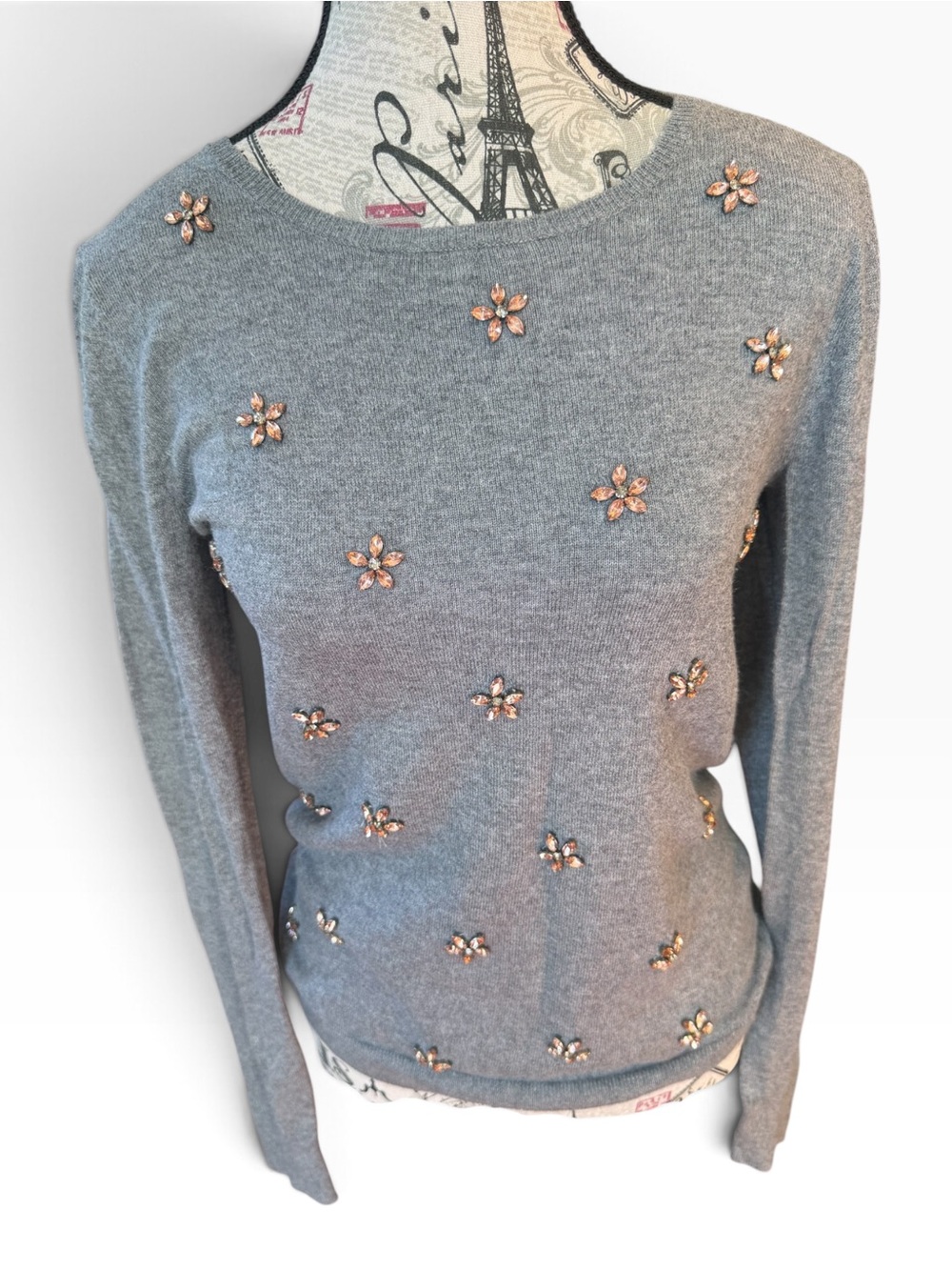 Elle Gray Crewneck Sweater with Pink Crystal Floral Embellishments